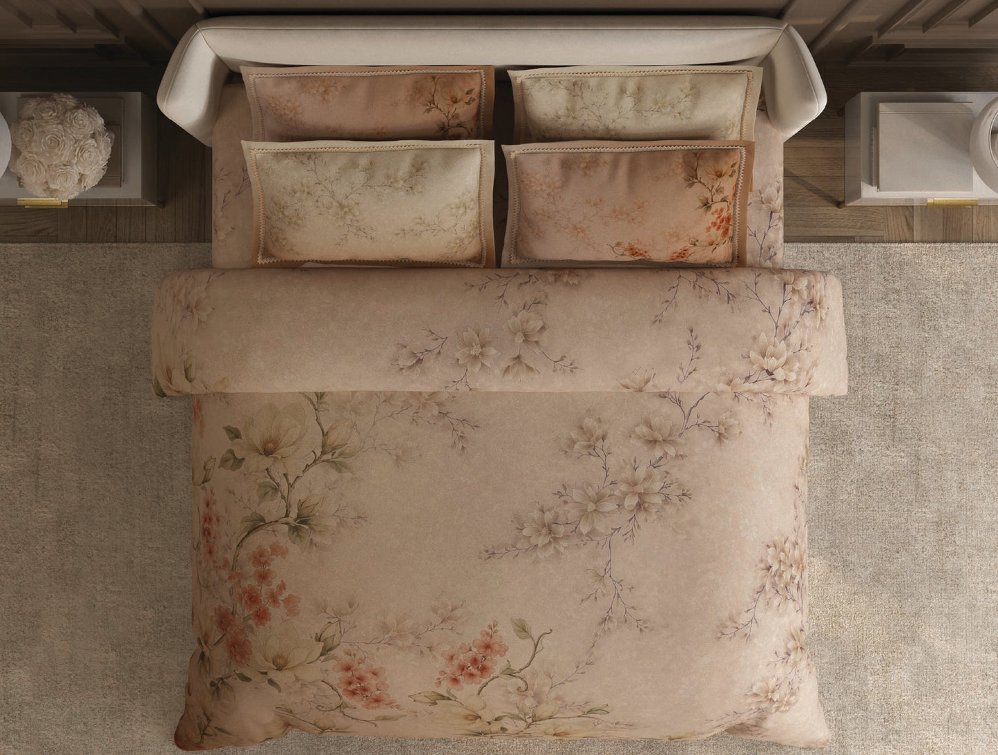 Spaces Nora Light Beige Egyptain Cotton 350 TC Floral Premium Large Bedsheet with 4 Pillow Covers - 108 x 108 Inches