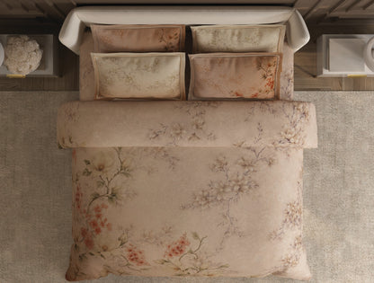 Spaces Nora Light Beige Egyptain Cotton 350 TC Floral Premium Large Bedsheet with 4 Pillow Covers - 108 x 108 Inches