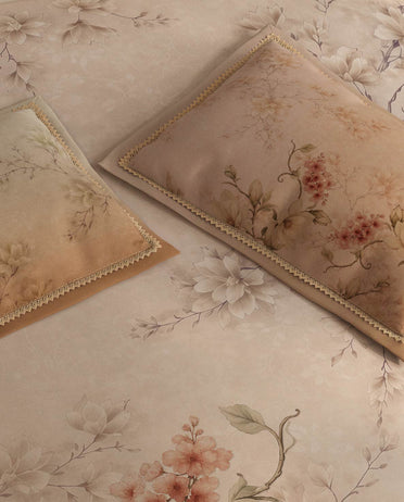 Spaces Nora Light Beige Egyptain Cotton 350 TC Floral Premium Large Bedsheet with 4 Pillow Covers - 108 x 108 Inches