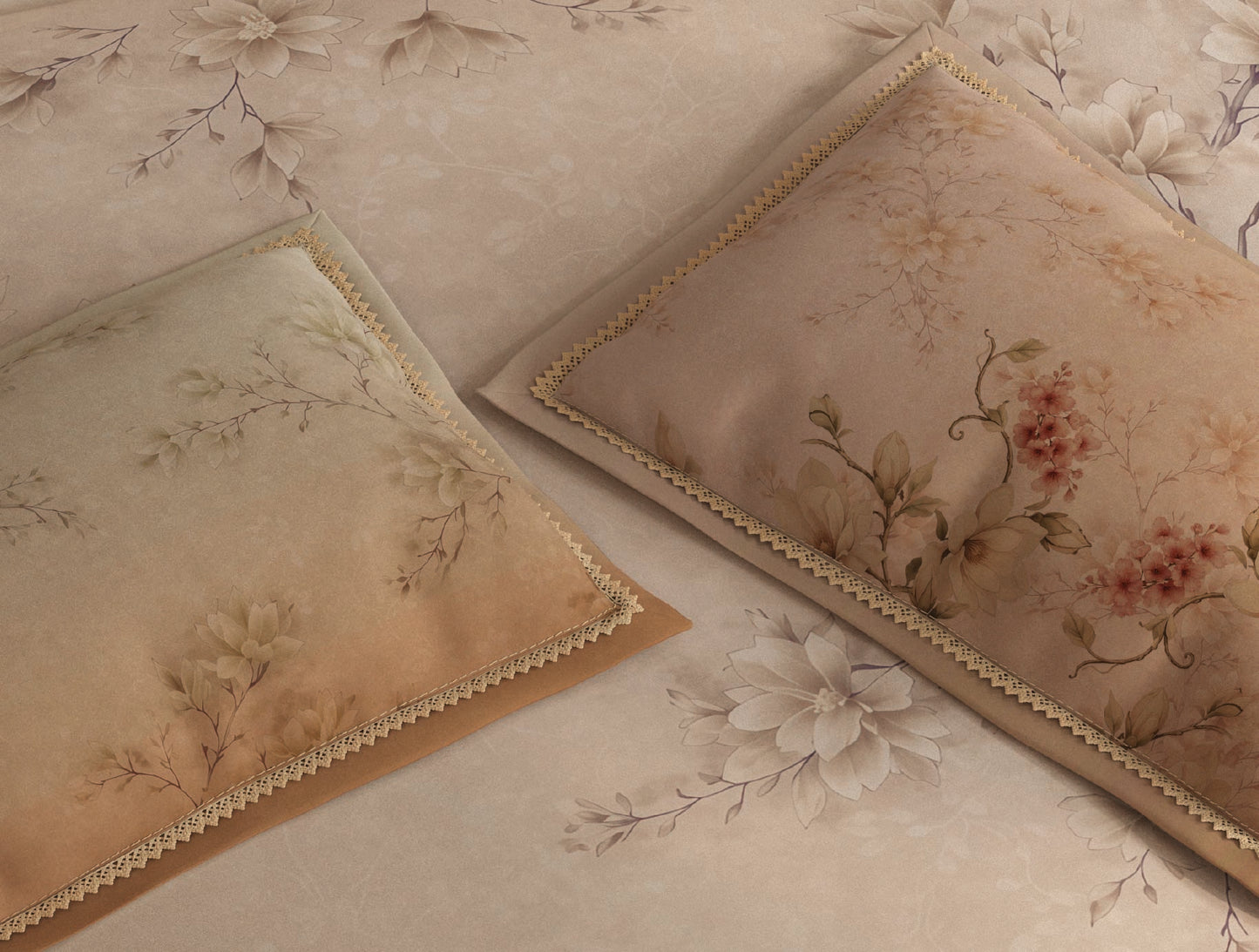 Spaces Nora Light Beige Egyptain Cotton 350 TC Floral Premium Large Bedsheet with 4 Pillow Covers - 108 x 108 Inches