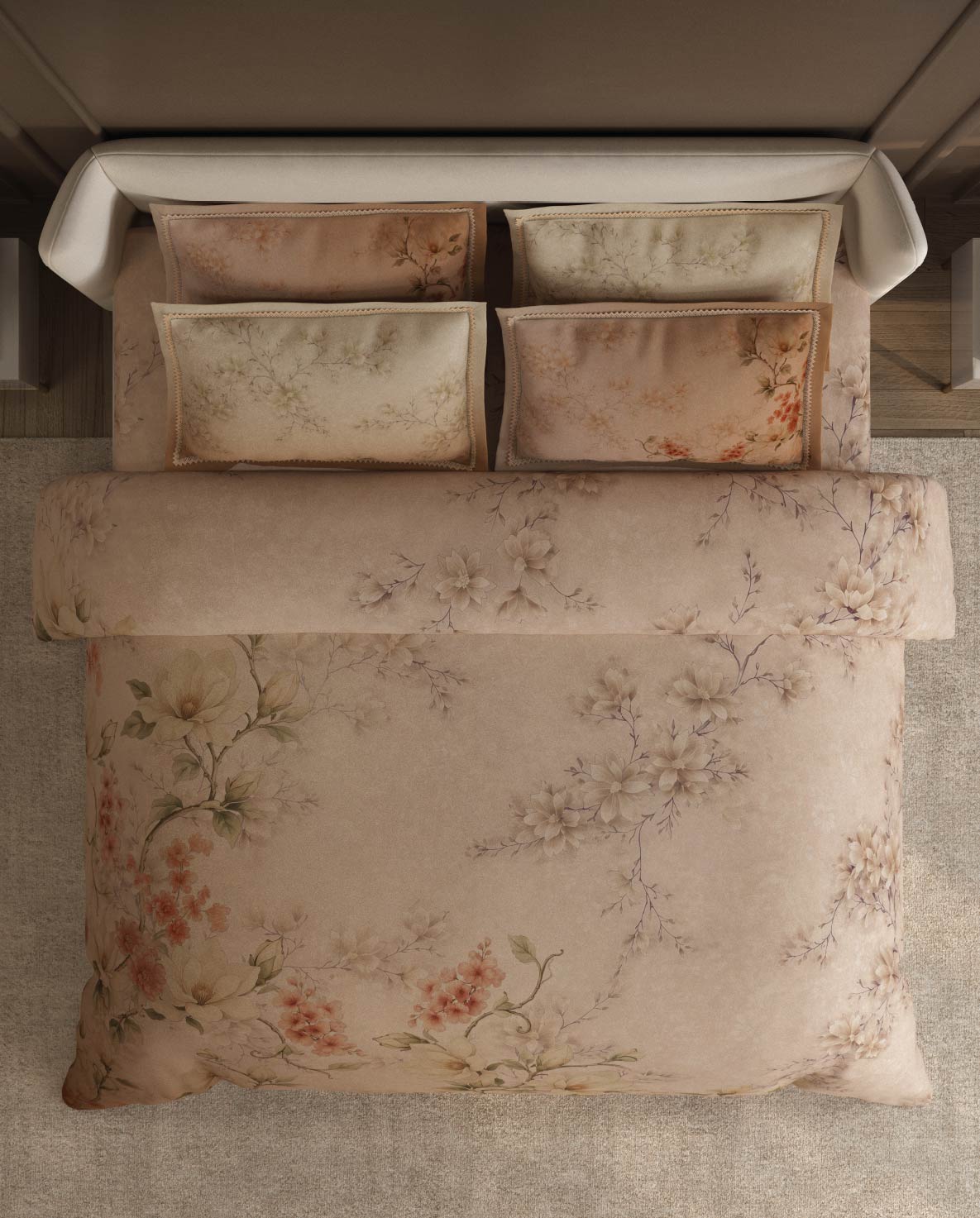 Spaces Nora Light Beige Egyptain Cotton 350 TC Floral Premium Large Bedsheet with 4 Pillow Covers - 108 x 108 Inches
