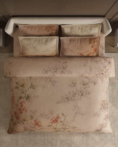 Spaces Nora Light Beige Egyptain Cotton 350 TC Floral Premium Large Bedsheet with 4 Pillow Covers - 108 x 108 Inches