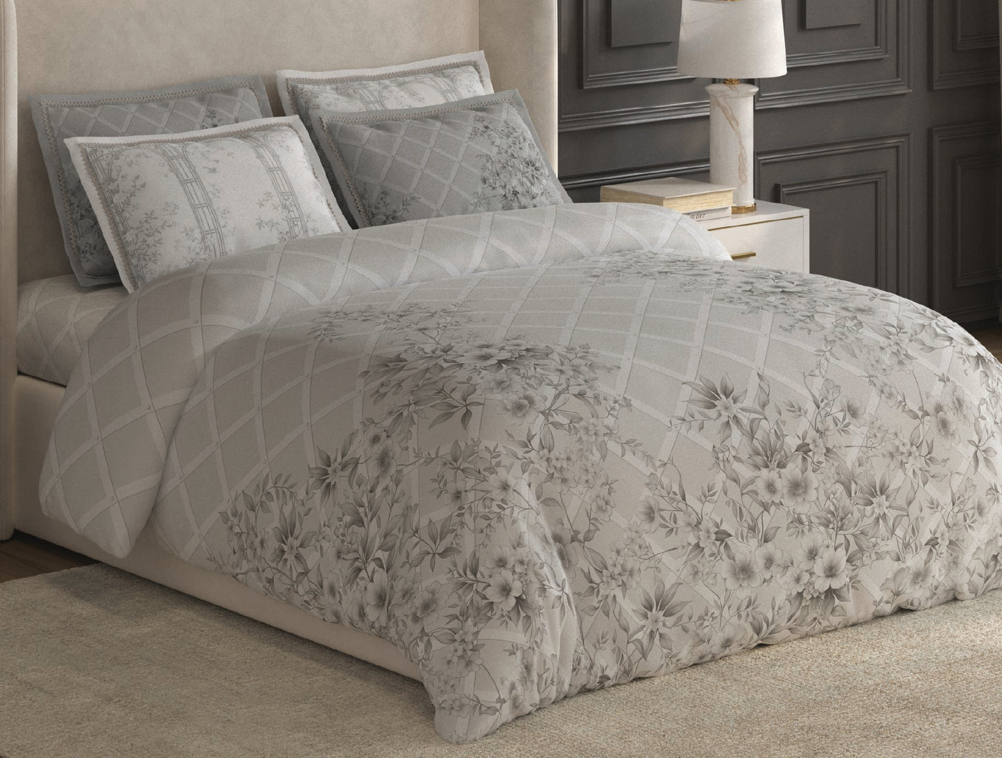 Spaces Nora White Egyptain Cotton 350 TC Floral Premium Large Bedsheet with 4 Pillow Covers - 108 x 108 Inches