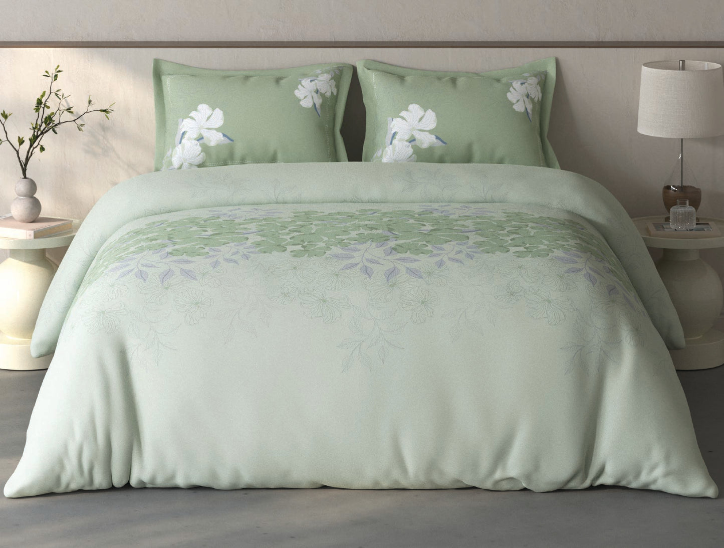 Spaces Fiora Light Aqua Floral 100% Cotton Double Bedsheet with 2 Pillow Covers - 90 x 108 Inches