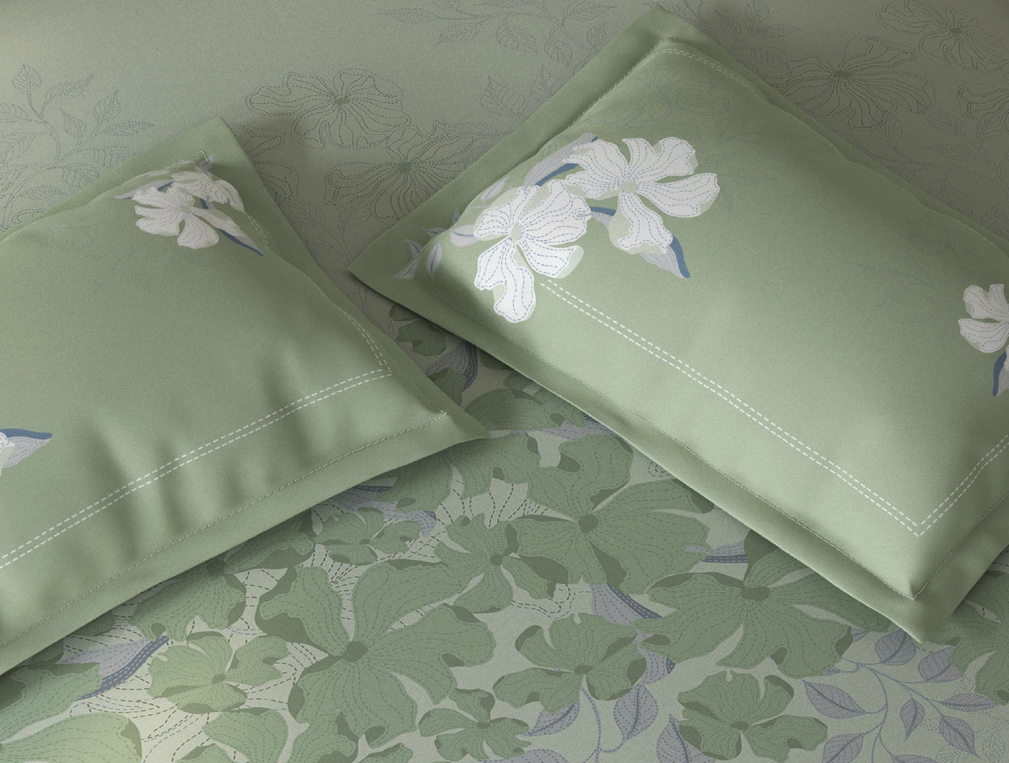 Spaces Fiora Light Aqua Floral 100% Cotton Double Bedsheet with 2 Pillow Covers - 90 x 108 Inches