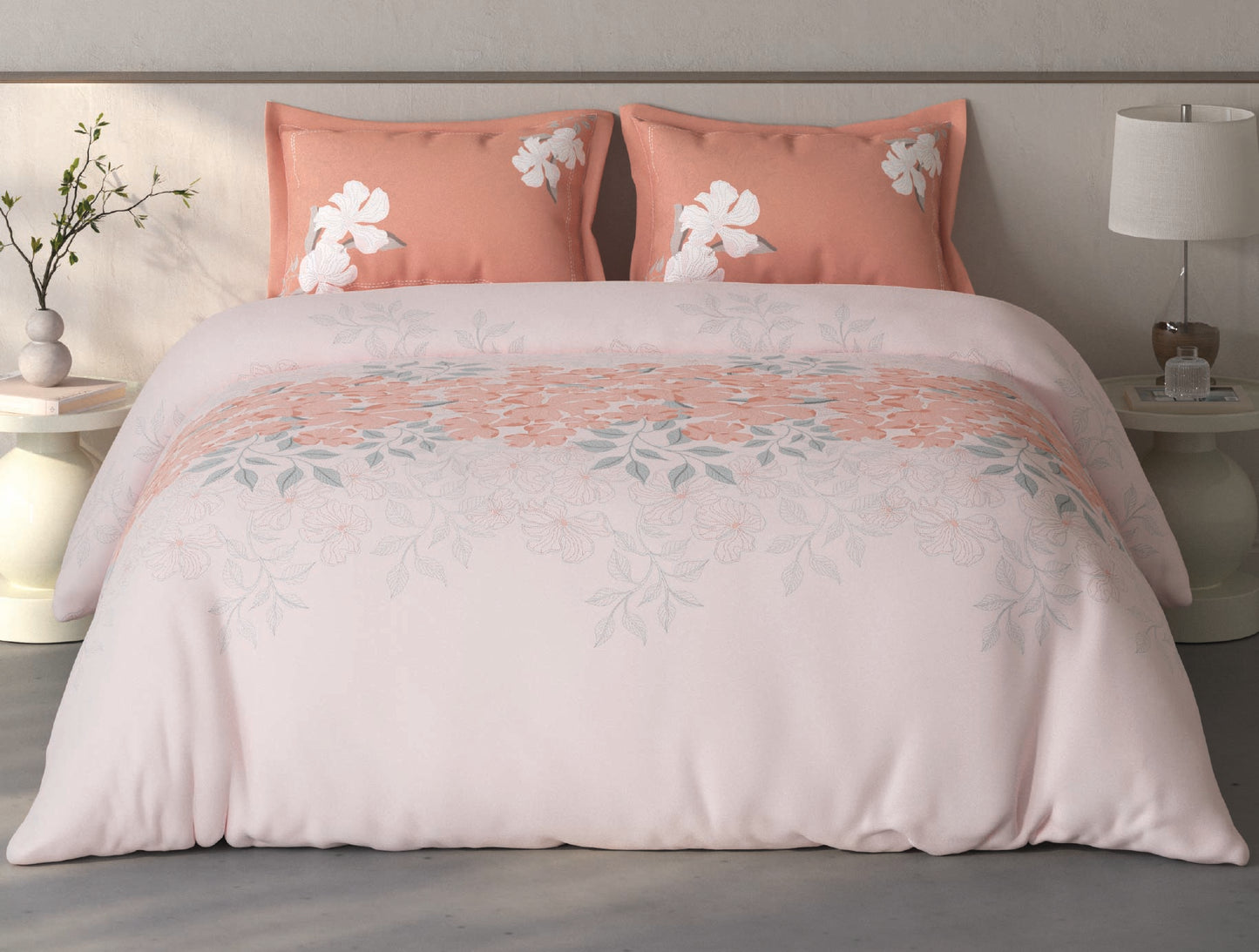 Spaces Fiora Light Pink Floral 100% Cotton Double Bedsheet with 2 Pillow Covers - 90 x 108 Inches