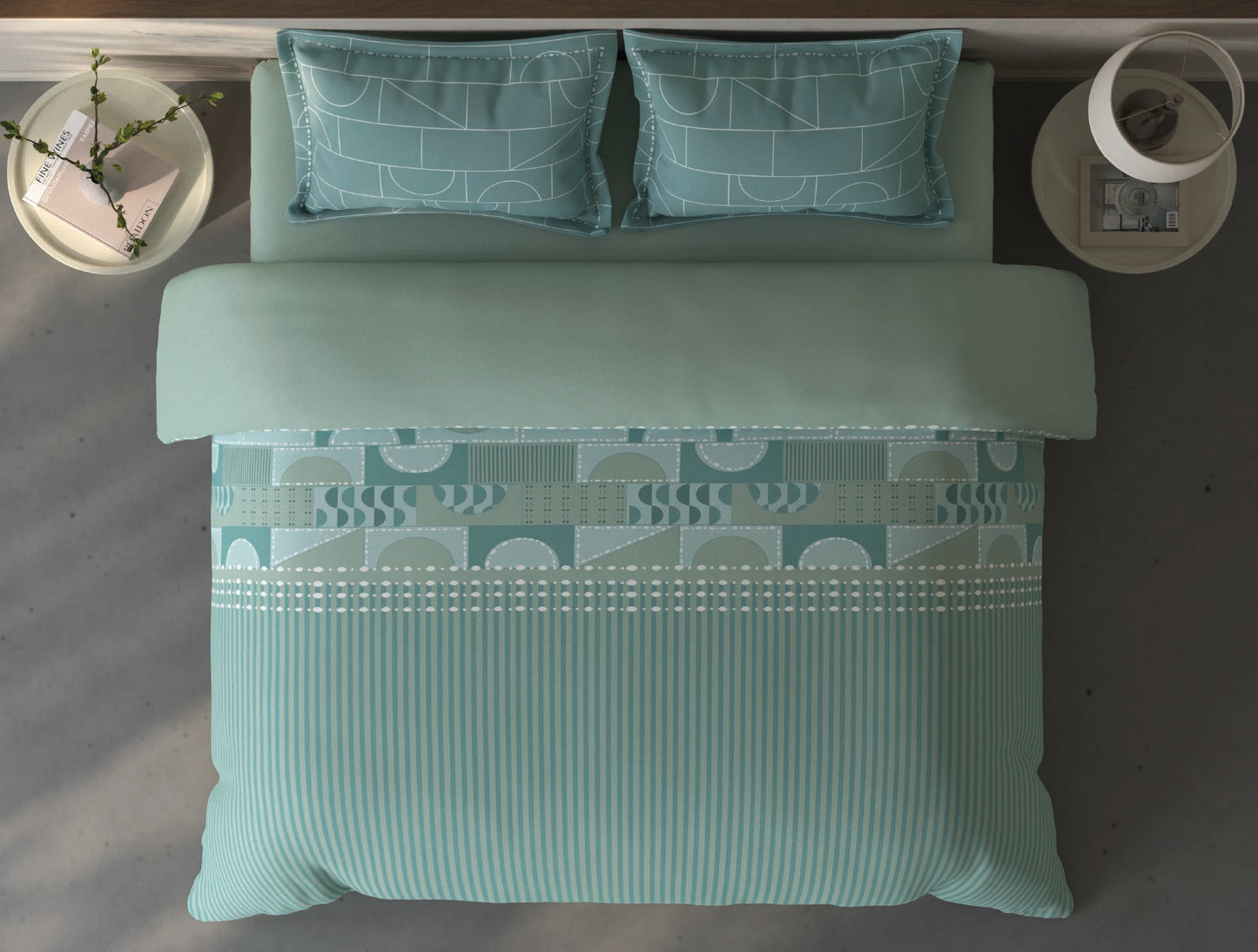 Spaces Fiora Light Green Geometric 100% Cotton Double Bedsheet with 2 Pillow Covers - 90 x 108 Inches