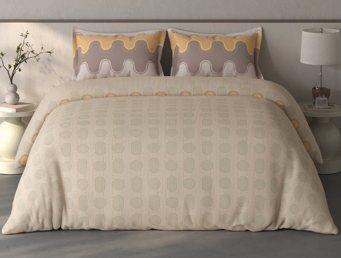 Spaces Fiora Beige Geometric 100% Cotton Double Bedsheet with 2 Pillow Covers - 90 x 108 Inches