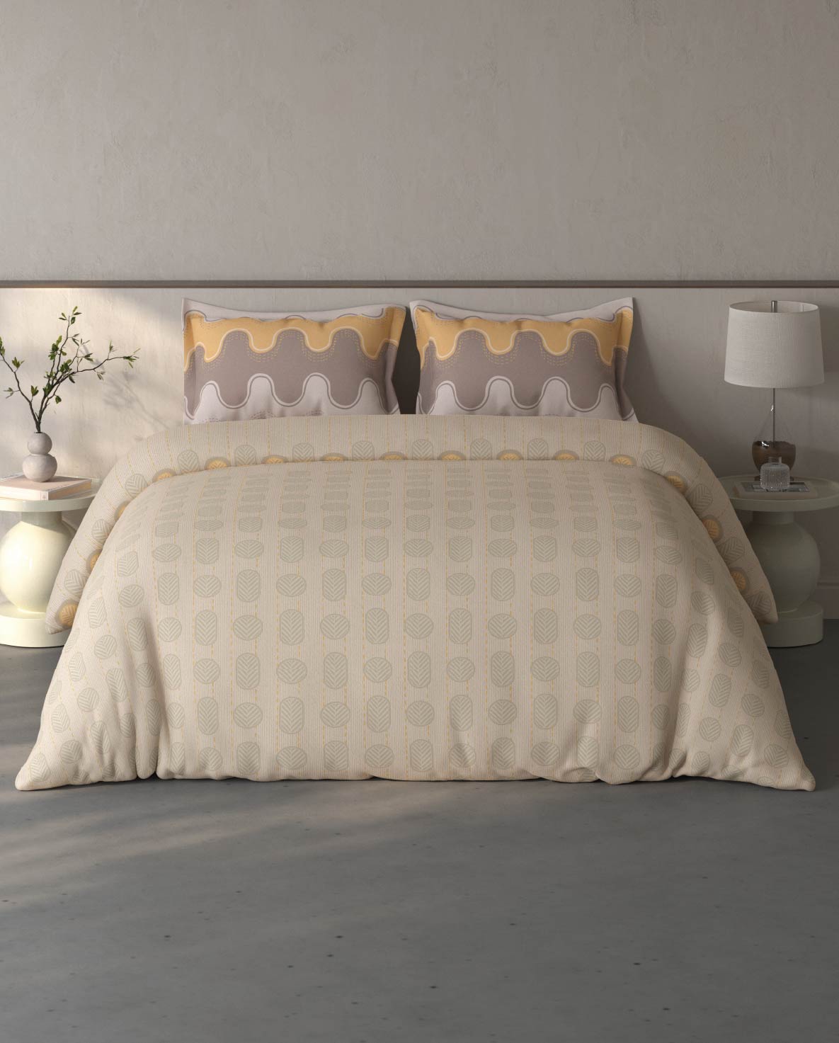 Spaces Fiora Beige Geometric 100% Cotton Double Bedsheet with 2 Pillow Covers - 90 x 108 Inches