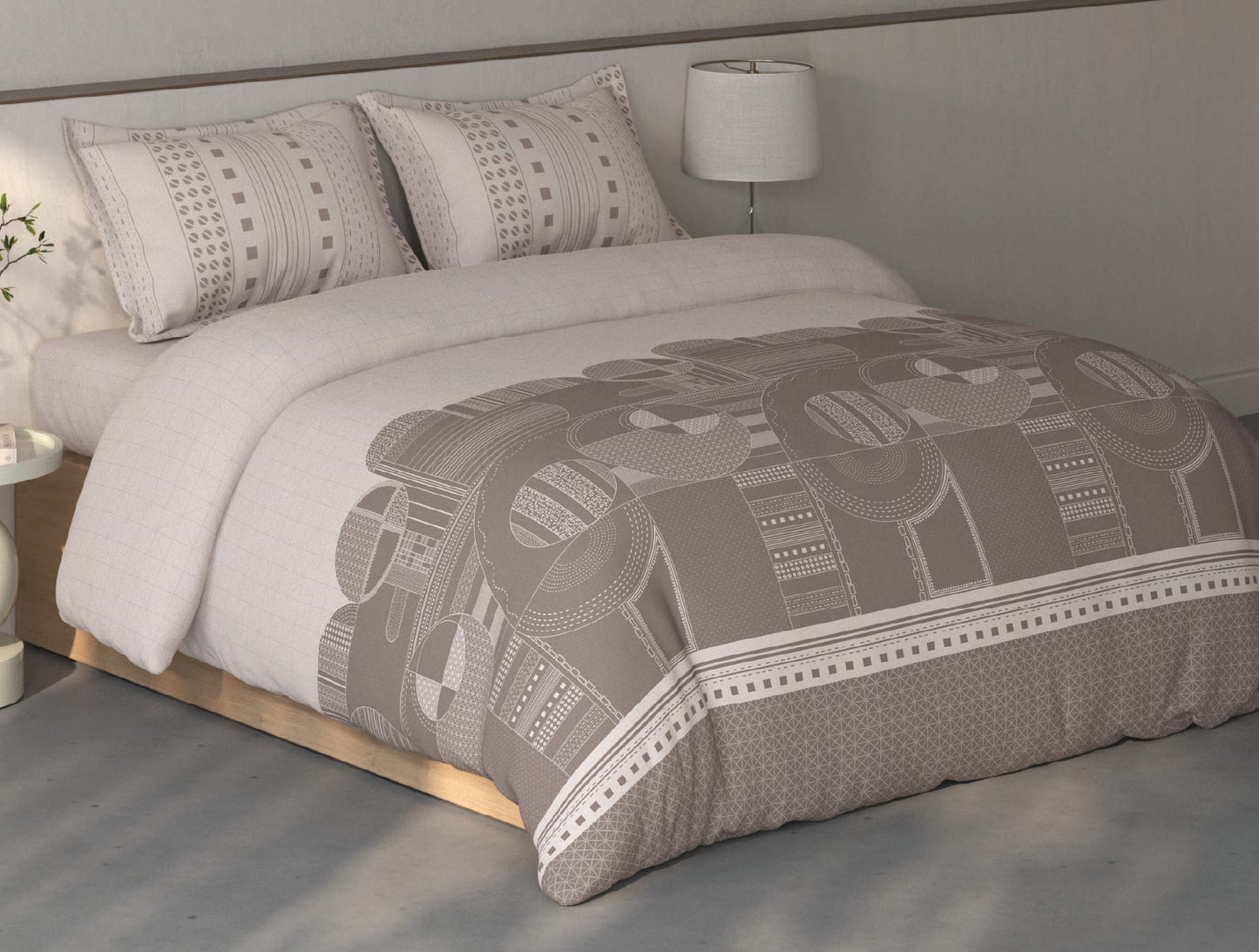 Spaces Fiora Light Taupe Geometric 100% Cotton Double Bedsheet with 2 Pillow Covers - 90 x 108 Inches