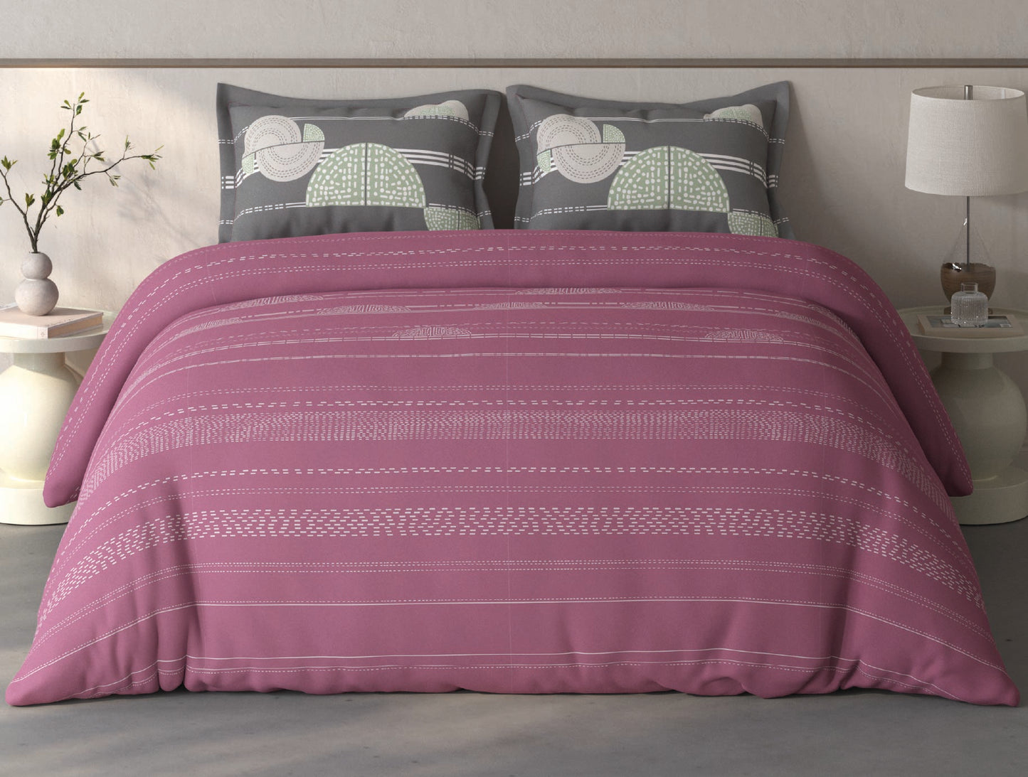 Spaces Fiora Dark Blush Geometric 100% Cotton Double Bedsheet with 2 Pillow Covers - 90 x 108 Inches