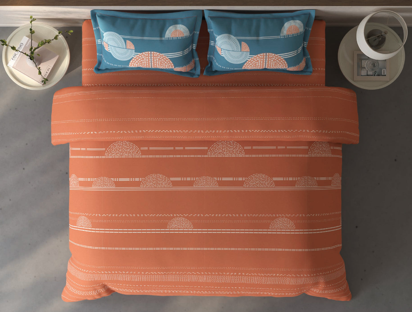 Spaces Fiora Rust Geometric 100% Cotton Double Bedsheet with 2 Pillow Covers - 90 x 108 Inches