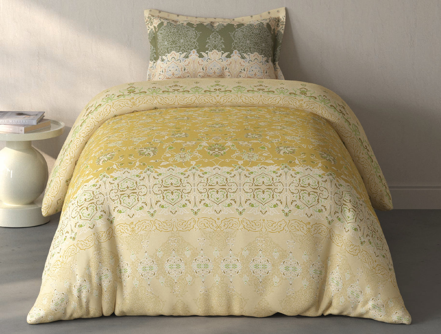 Spaces Fiora Light Yellow Ornate 100% Cotton Single Bedsheet with 1 Pillow Covers - 59 x 89 Inches