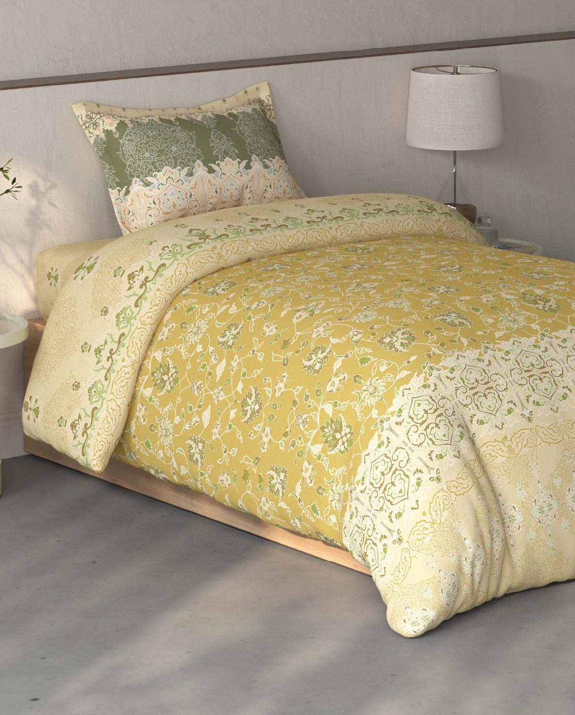 Spaces Fiora Light Yellow Ornate 100% Cotton Single Bedsheet with 1 Pillow Covers - 59 x 89 Inches