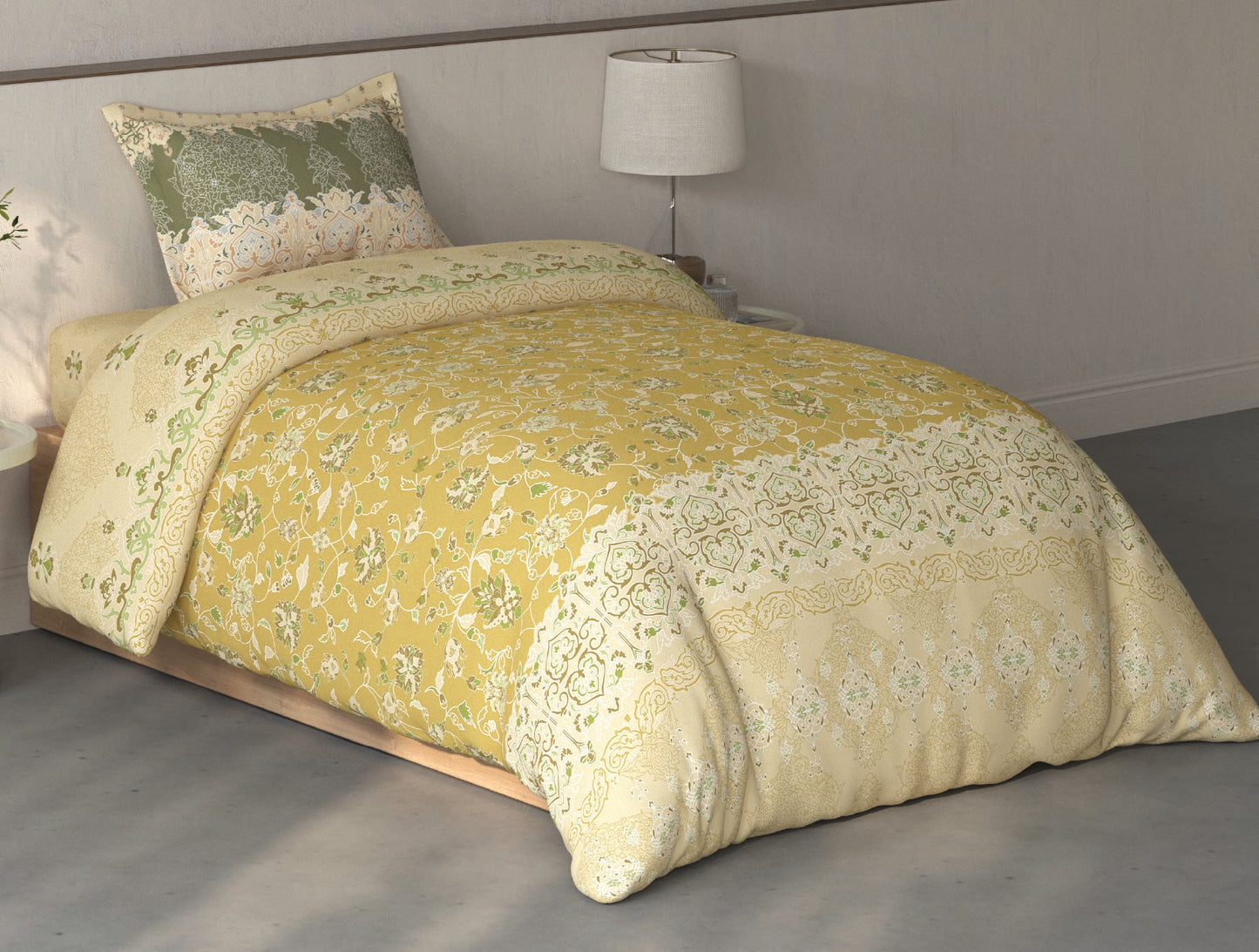 Spaces Fiora Light Yellow Ornate 100% Cotton Single Bedsheet with 1 Pillow Covers - 59 x 89 Inches