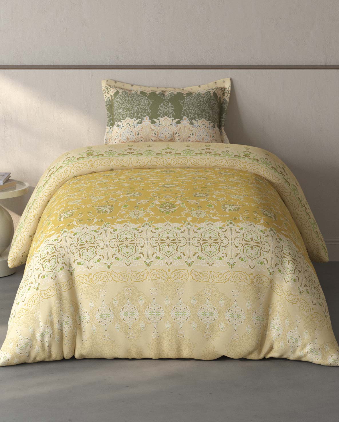 Spaces Fiora Light Yellow Ornate 100% Cotton Single Bedsheet with 1 Pillow Covers - 59 x 89 Inches