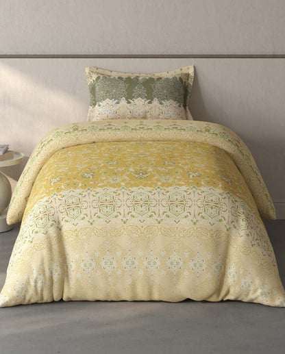Spaces Fiora Light Yellow Ornate 100% Cotton Single Bedsheet with 1 Pillow Covers - 59 x 89 Inches