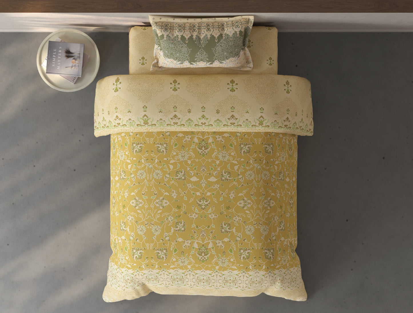 Spaces Fiora Light Yellow Ornate 100% Cotton Single Bedsheet with 1 Pillow Covers - 59 x 89 Inches