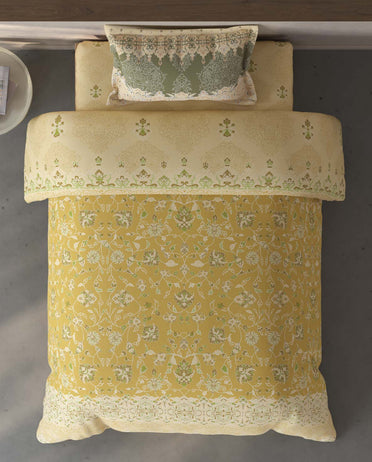 Spaces Fiora Light Yellow Ornate 100% Cotton Single Bedsheet with 1 Pillow Covers - 59 x 89 Inches