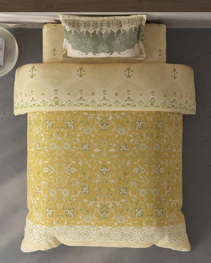 Spaces Fiora Light Yellow Ornate 100% Cotton Single Bedsheet with 1 Pillow Covers - 59 x 89 Inches
