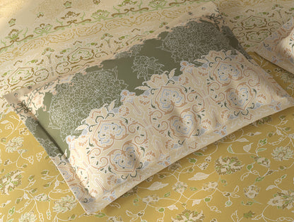 Spaces Fiora Light Yellow Ornate 100% Cotton Single Bedsheet with 1 Pillow Covers - 59 x 89 Inches