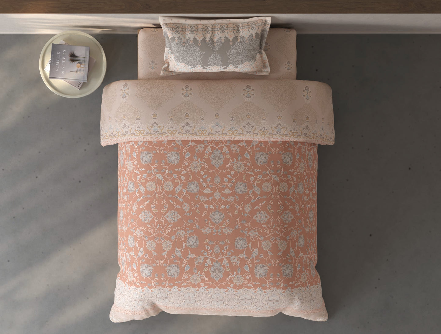 Spaces Fiora Light Blush Ornate 100% Cotton Single Bedsheet with 1 Pillow Covers - 59 x 89 Inches