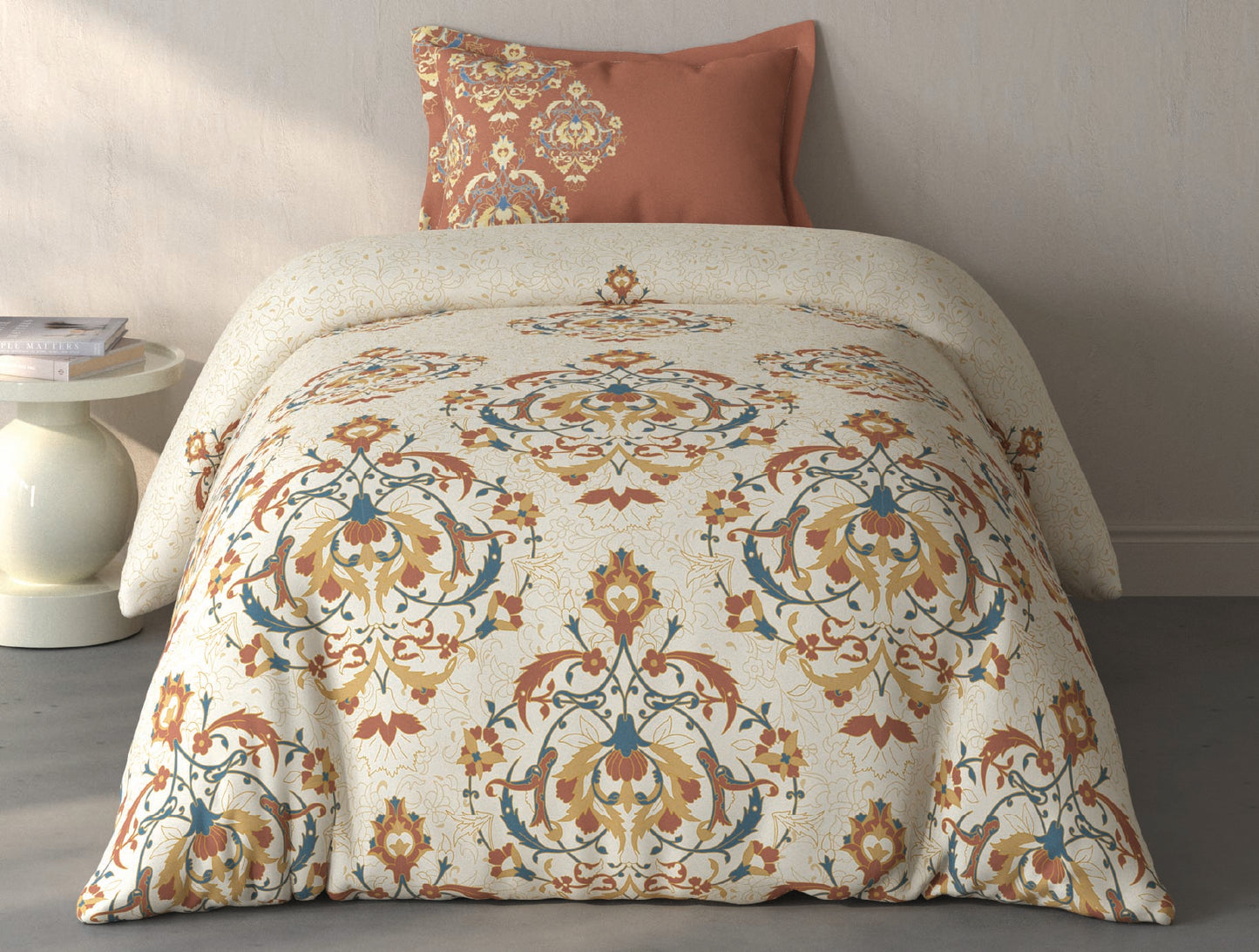 Spaces Fiora Cream Ornate 100% Cotton Single Bedsheet with 1 Pillow Covers - 59 x 89 Inches
