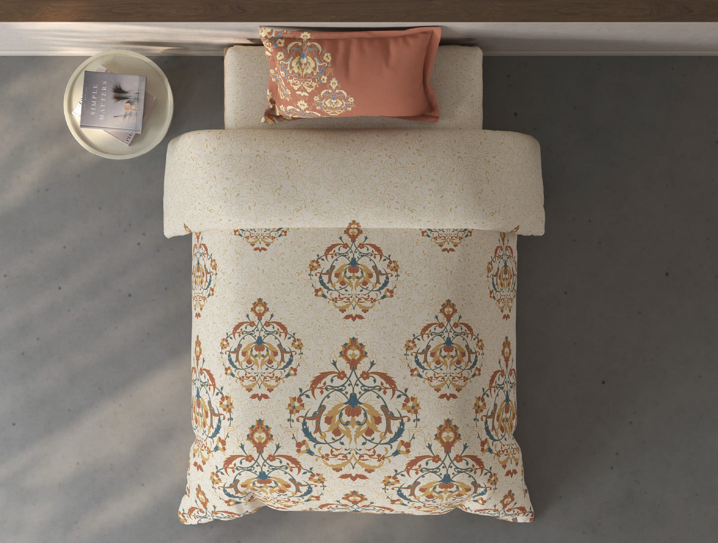 Spaces Fiora Cream Ornate 100% Cotton Single Bedsheet with 1 Pillow Covers - 59 x 89 Inches