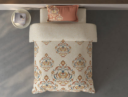 Spaces Fiora Cream Ornate 100% Cotton Single Bedsheet with 1 Pillow Covers - 59 x 89 Inches
