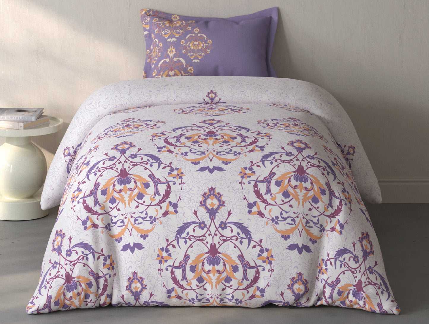 Spaces Fiora Light Violet Ornate 100% Cotton Single Bedsheet with 1 Pillow Covers - 59 x 89 Inches