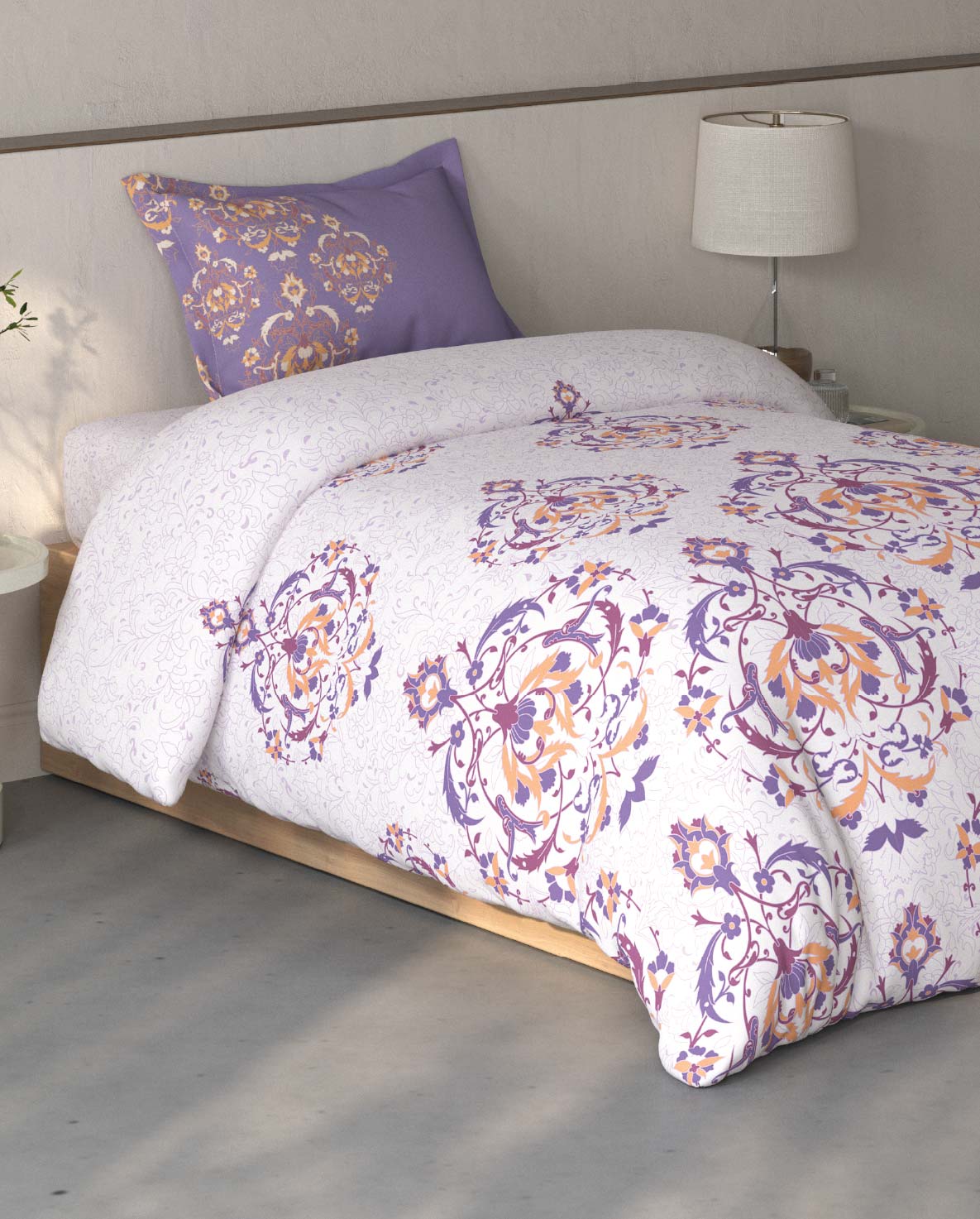 Spaces Fiora Light Violet Ornate 100% Cotton Single Bedsheet with 1 Pillow Covers - 59 x 89 Inches
