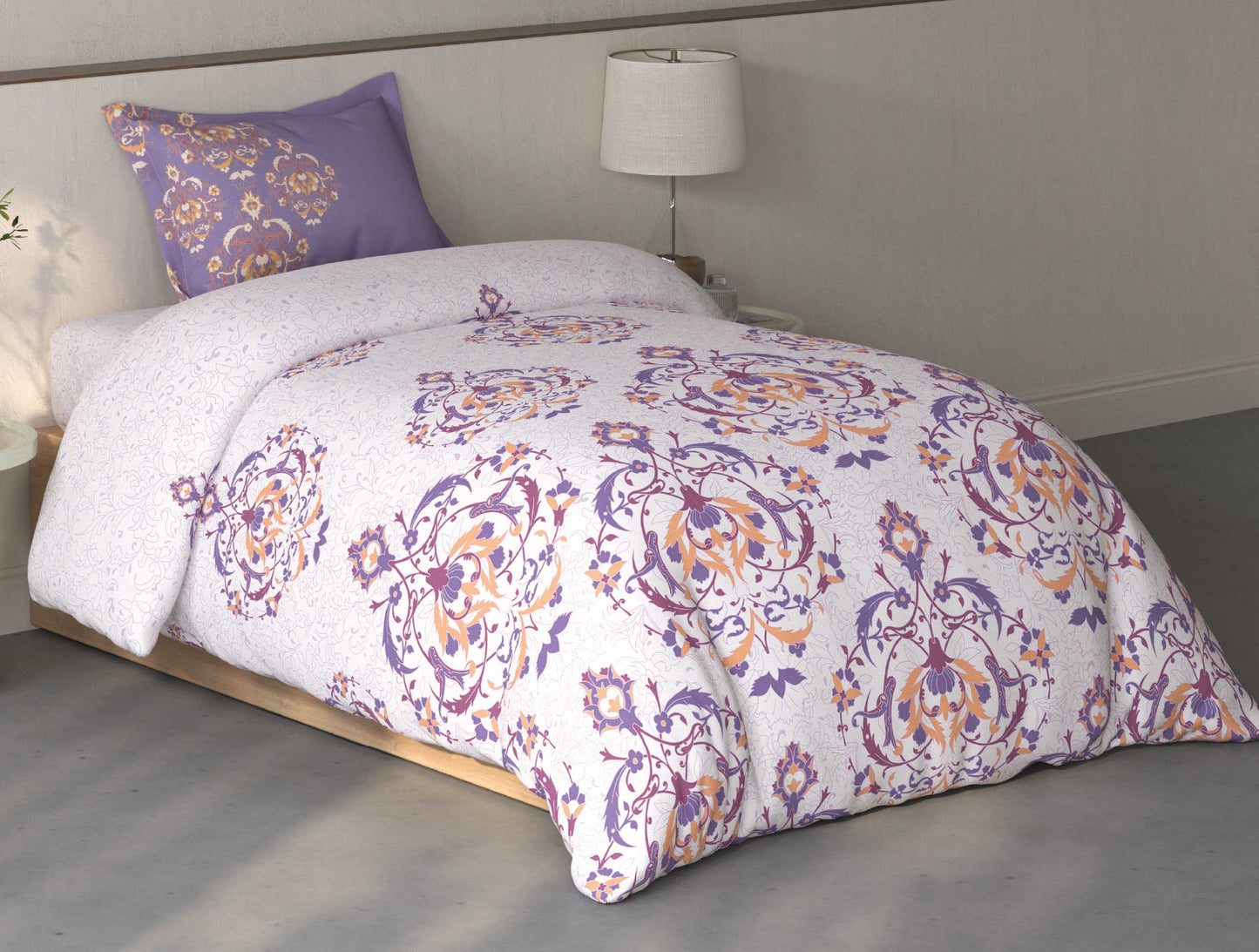 Spaces Fiora Light Violet Ornate 100% Cotton Single Bedsheet with 1 Pillow Covers - 59 x 89 Inches