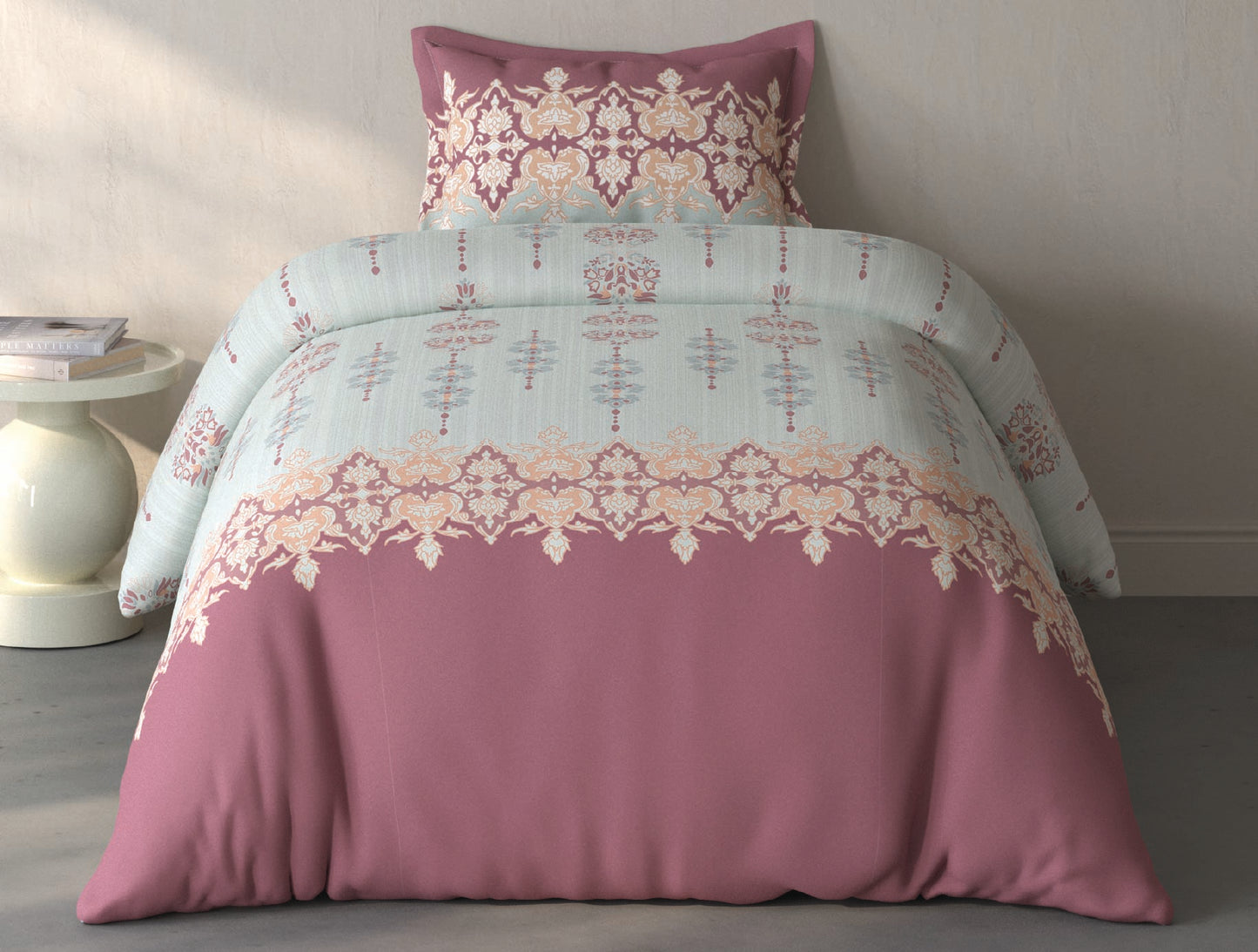 Spaces Fiora Light Grey Ornate 100% Cotton Single Bedsheet with 1 Pillow Covers - 59 x 89 Inches