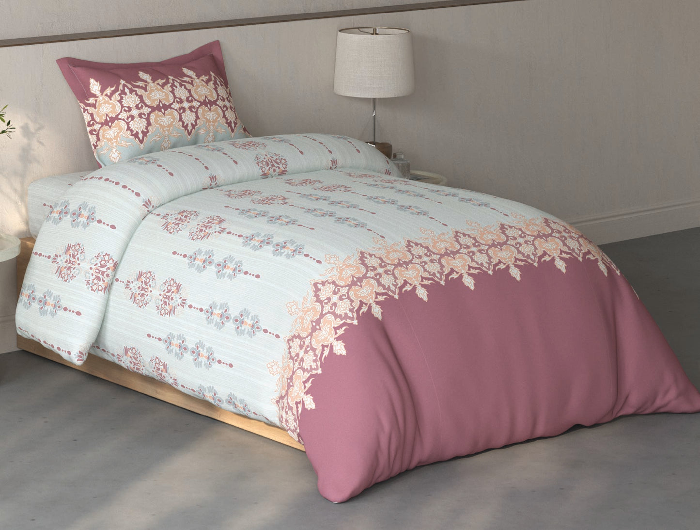 Spaces Fiora Light Grey Ornate 100% Cotton Single Bedsheet with 1 Pillow Covers - 59 x 89 Inches