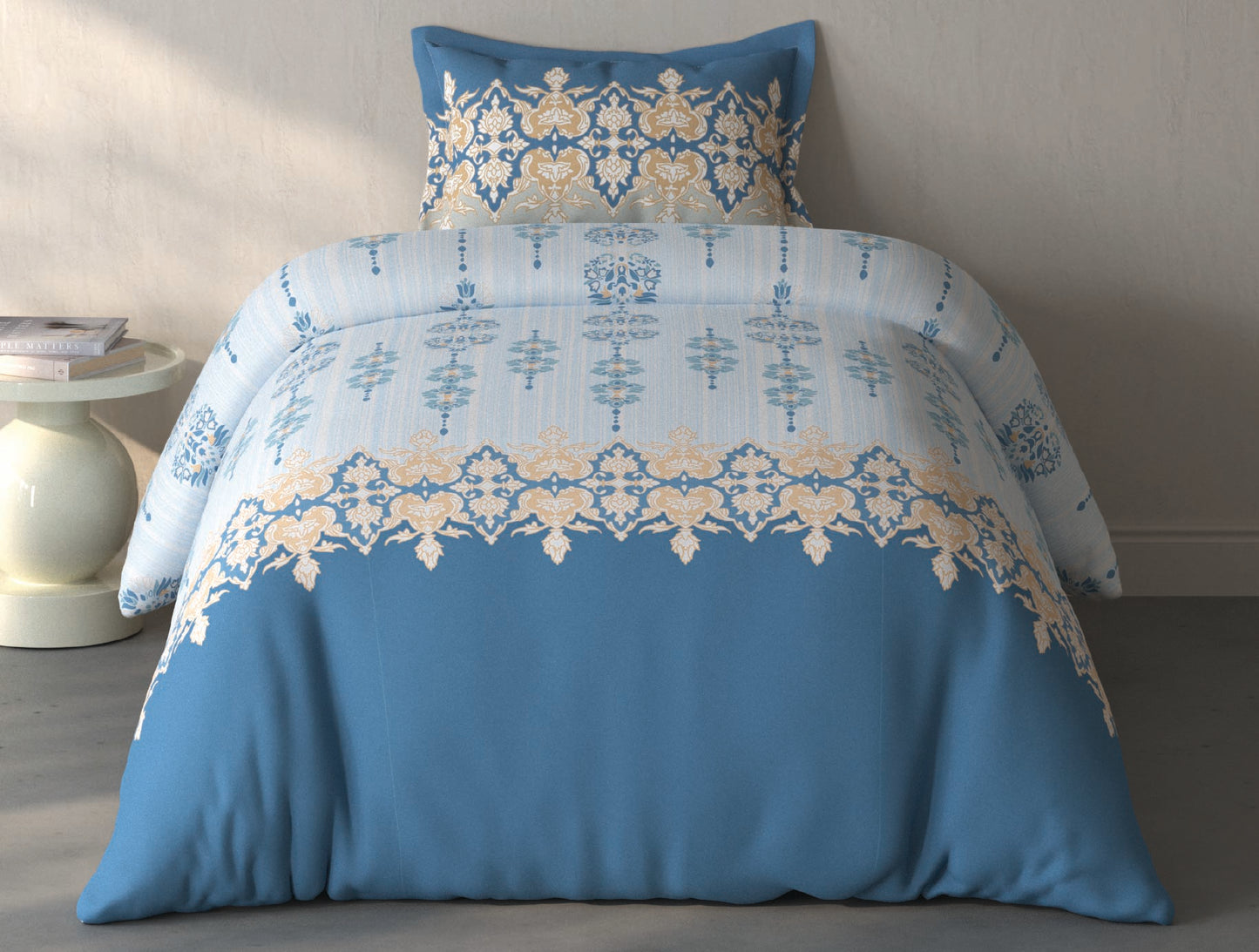 Spaces Fiora Light Blue Ornate 100% Cotton Single Bedsheet with 1 Pillow Covers - 59 x 89 Inches