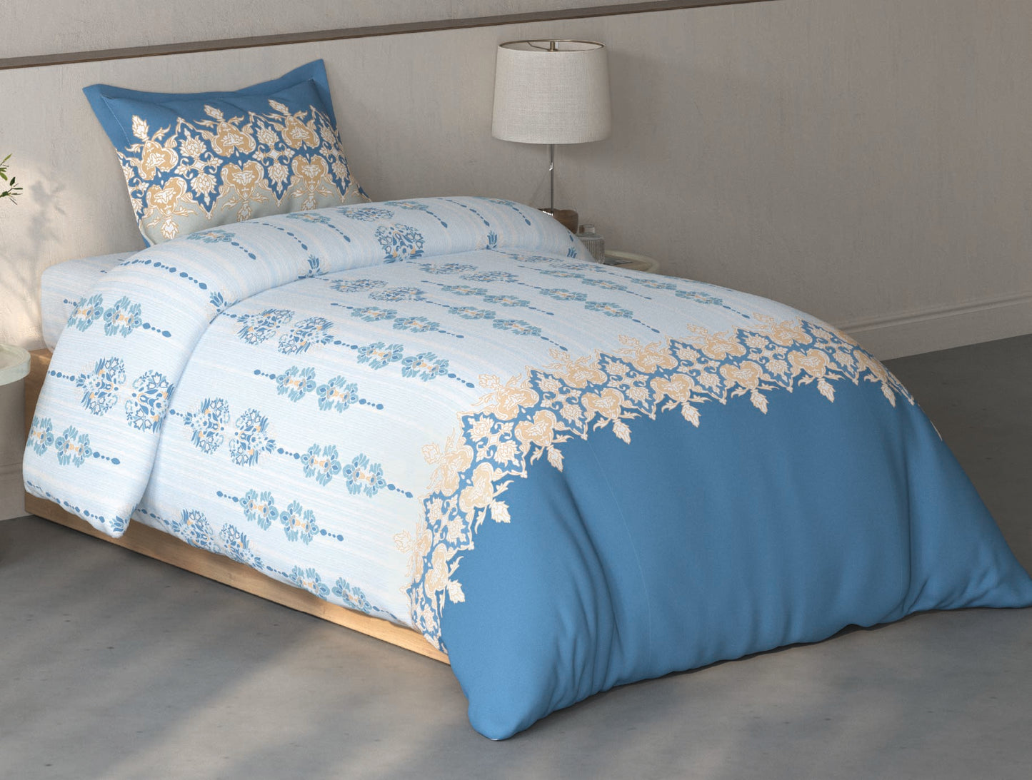 Spaces Fiora Light Blue Ornate 100% Cotton Single Bedsheet with 1 Pillow Covers - 59 x 89 Inches