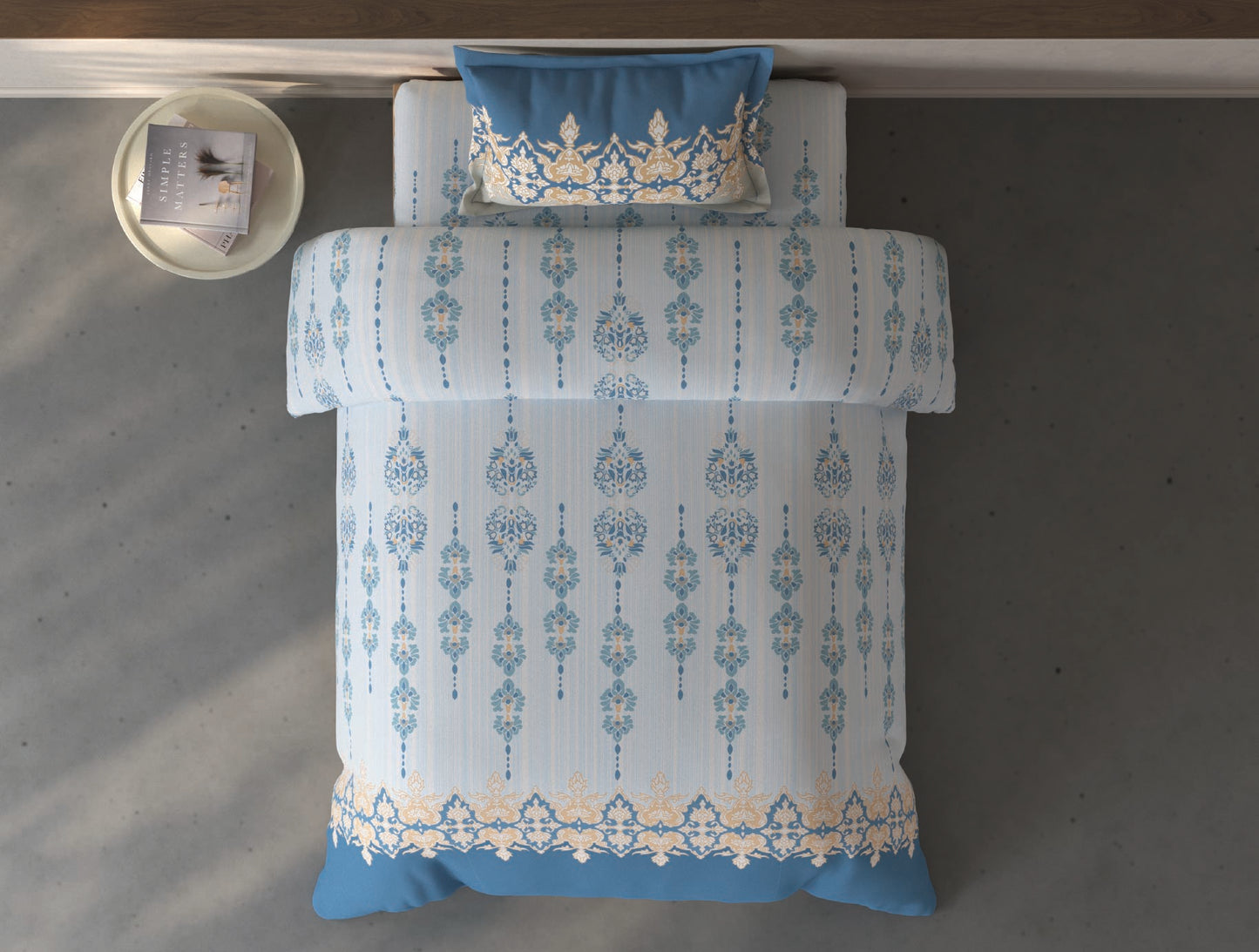 Spaces Fiora Light Blue Ornate 100% Cotton Single Bedsheet with 1 Pillow Covers - 59 x 89 Inches