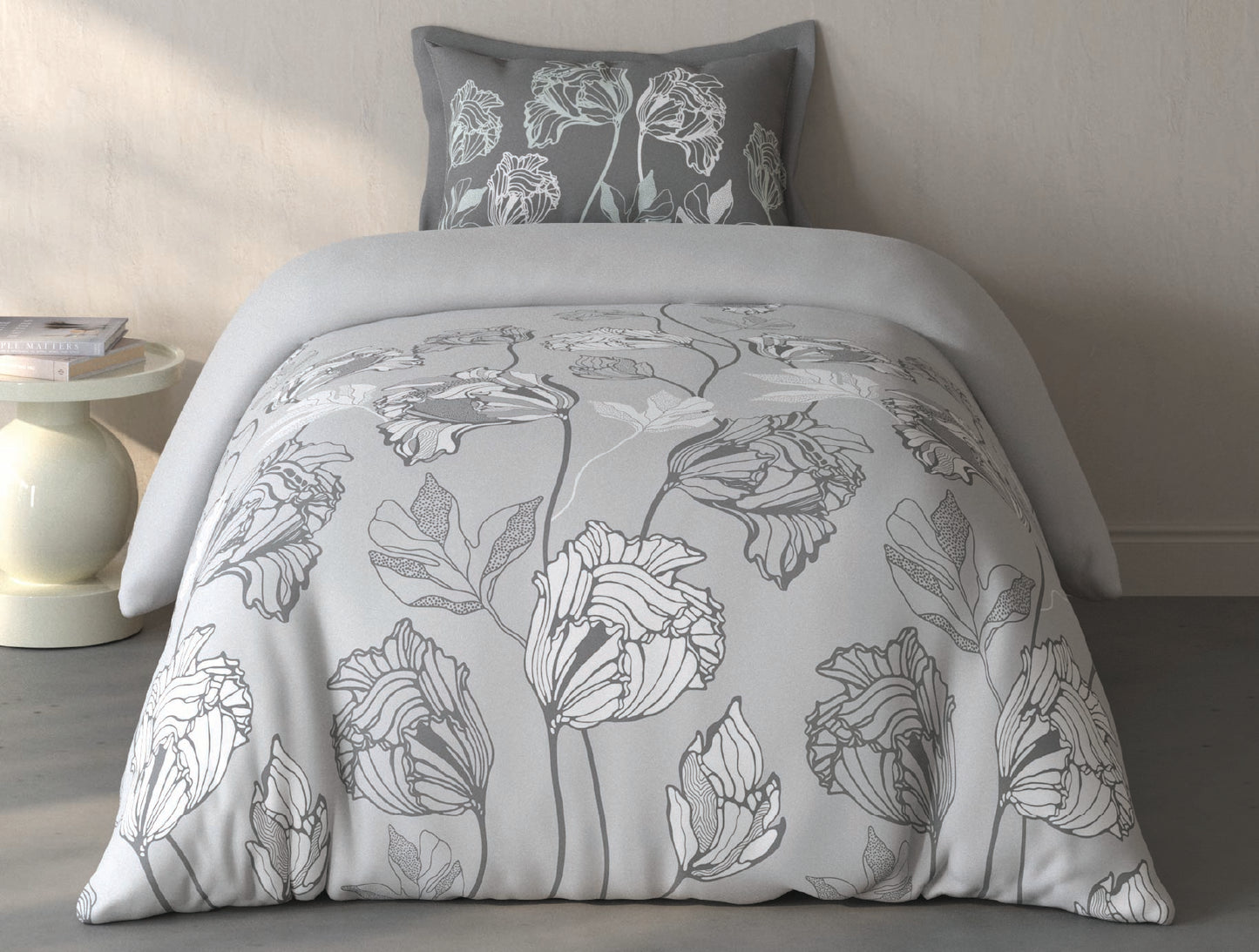 Spaces Fiora Light Grey Floral 100% Cotton Single Bedsheet with 1 Pillow Covers - 59 x 89 Inches