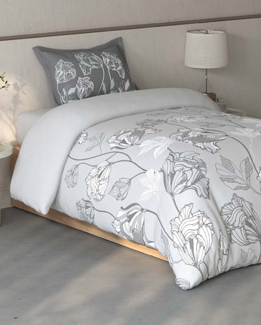 Spaces Fiora Light Grey Floral 100% Cotton Single Bedsheet with 1 Pillow Covers - 59 x 89 Inches