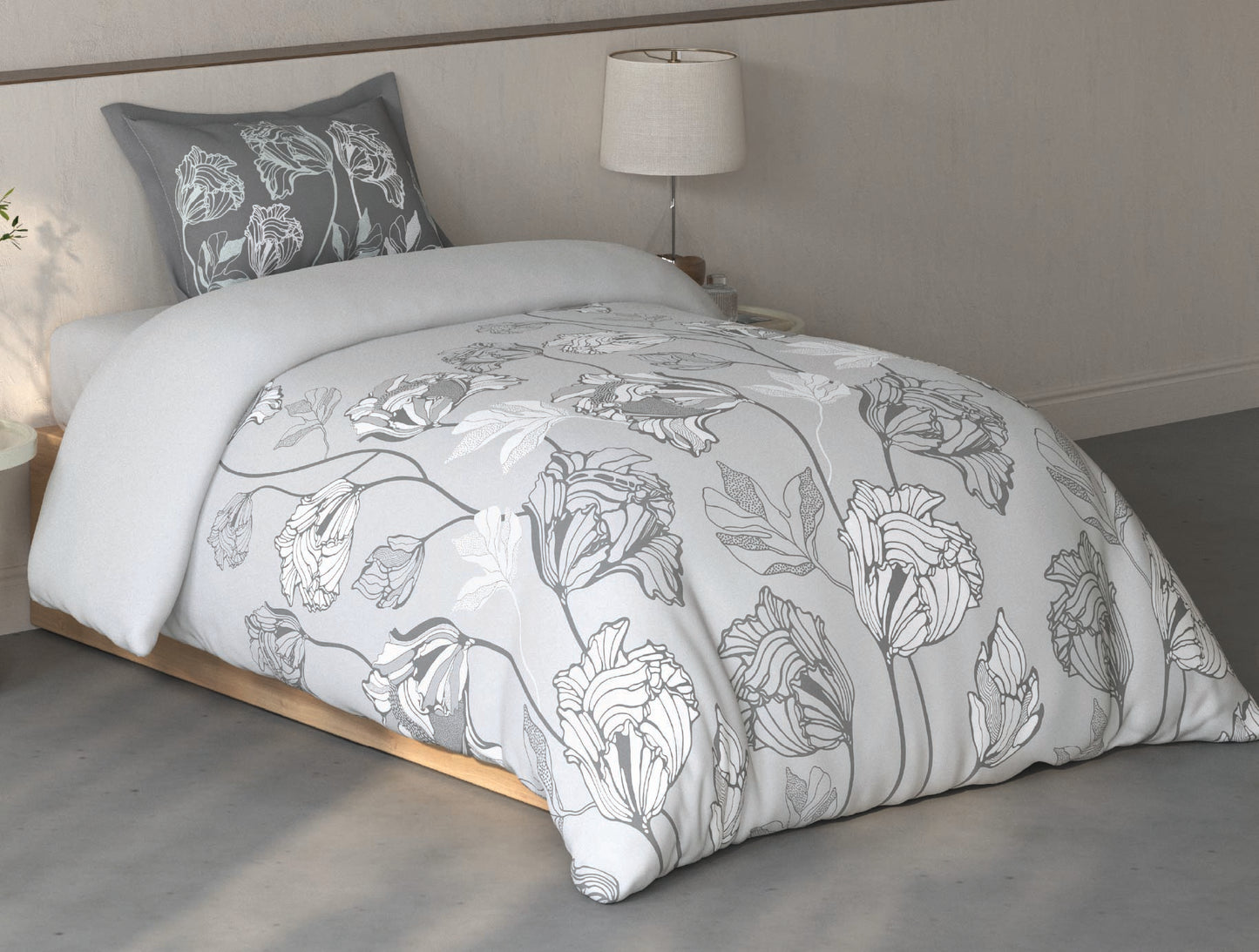 Spaces Fiora Light Grey Floral 100% Cotton Single Bedsheet with 1 Pillow Covers - 59 x 89 Inches