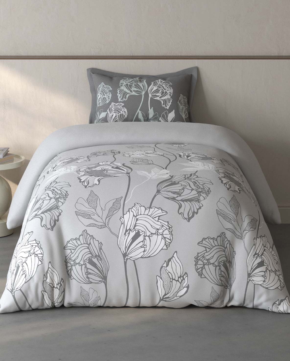 Spaces Fiora Light Grey Floral 100% Cotton Single Bedsheet with 1 Pillow Covers - 59 x 89 Inches