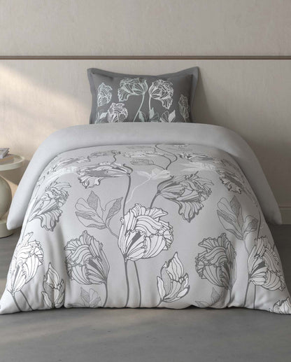 Spaces Fiora Light Grey Floral 100% Cotton Single Bedsheet with 1 Pillow Covers - 59 x 89 Inches