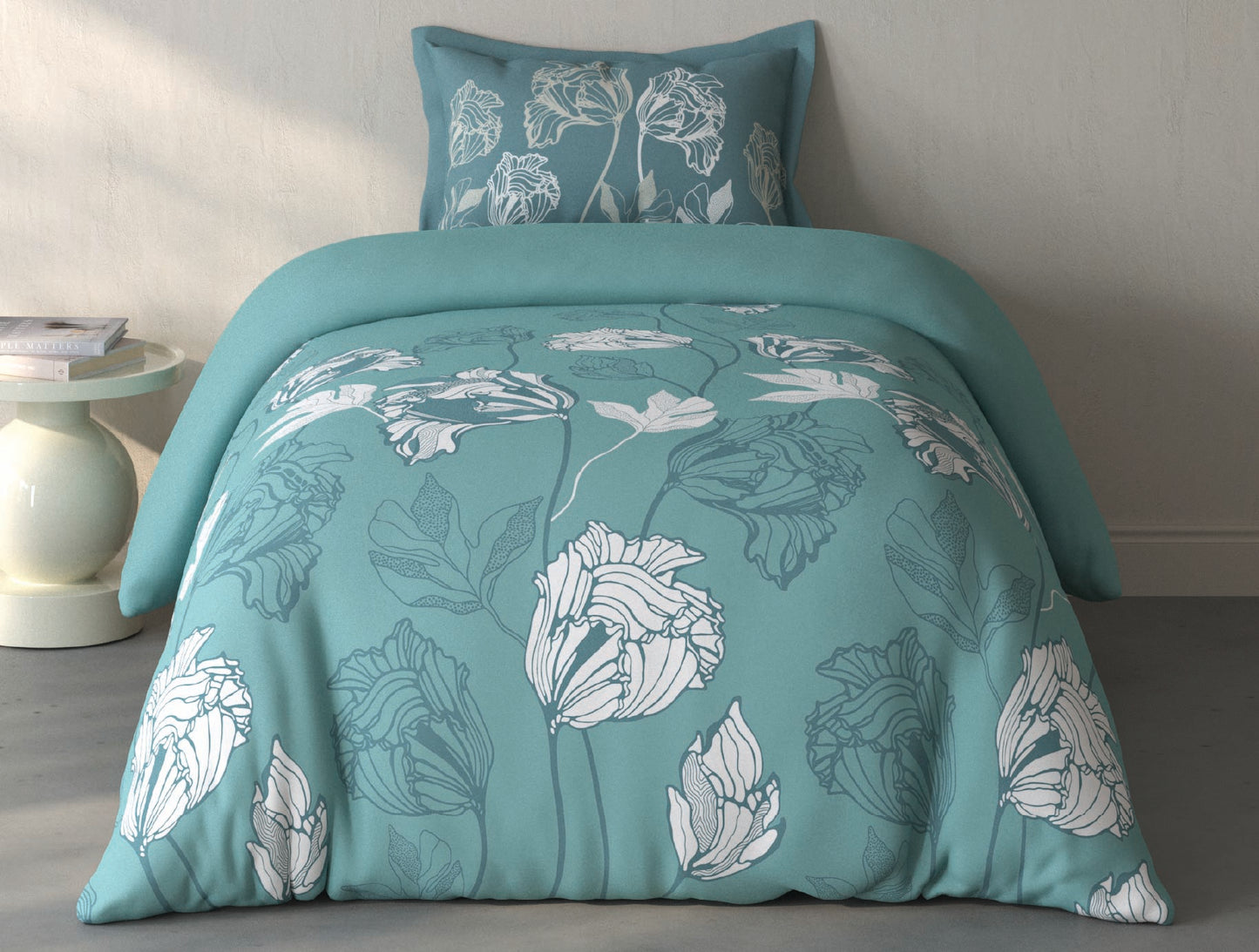 Spaces Fiora Light Teal Floral 100% Cotton Single Bedsheet with 1 Pillow Covers - 59 x 89 Inches