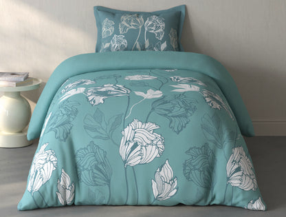 Spaces Fiora Light Teal Floral 100% Cotton Single Bedsheet with 1 Pillow Covers - 59 x 89 Inches