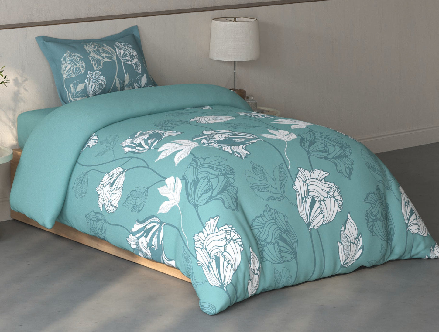 Spaces Fiora Light Teal Floral 100% Cotton Single Bedsheet with 1 Pillow Covers - 59 x 89 Inches