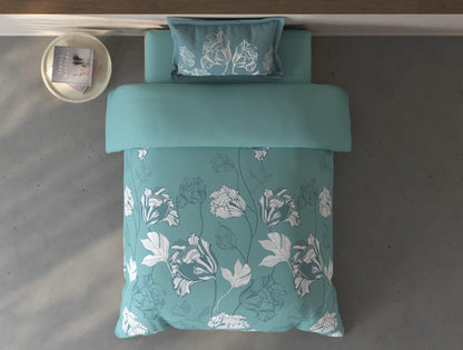 Spaces Fiora Light Teal Floral 100% Cotton Single Bedsheet with 1 Pillow Covers - 59 x 89 Inches