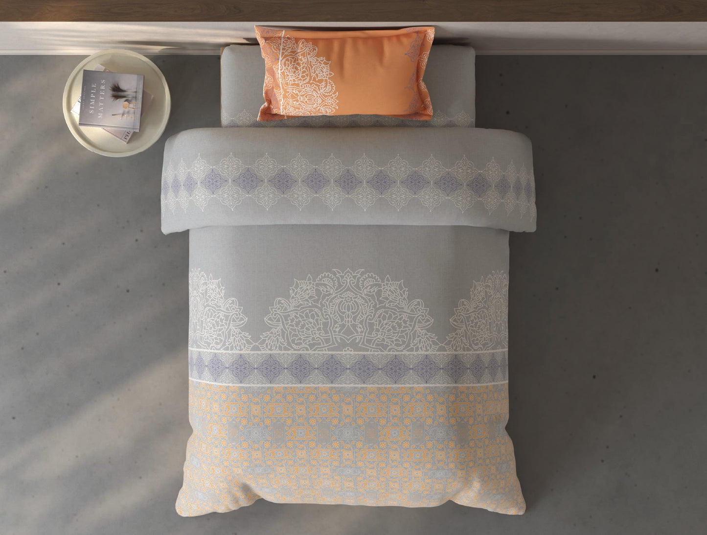 Spaces Fiora Light Grey Ornate 100% Cotton Single Bedsheet with 1 Pillow Covers - 59 x 89 Inches