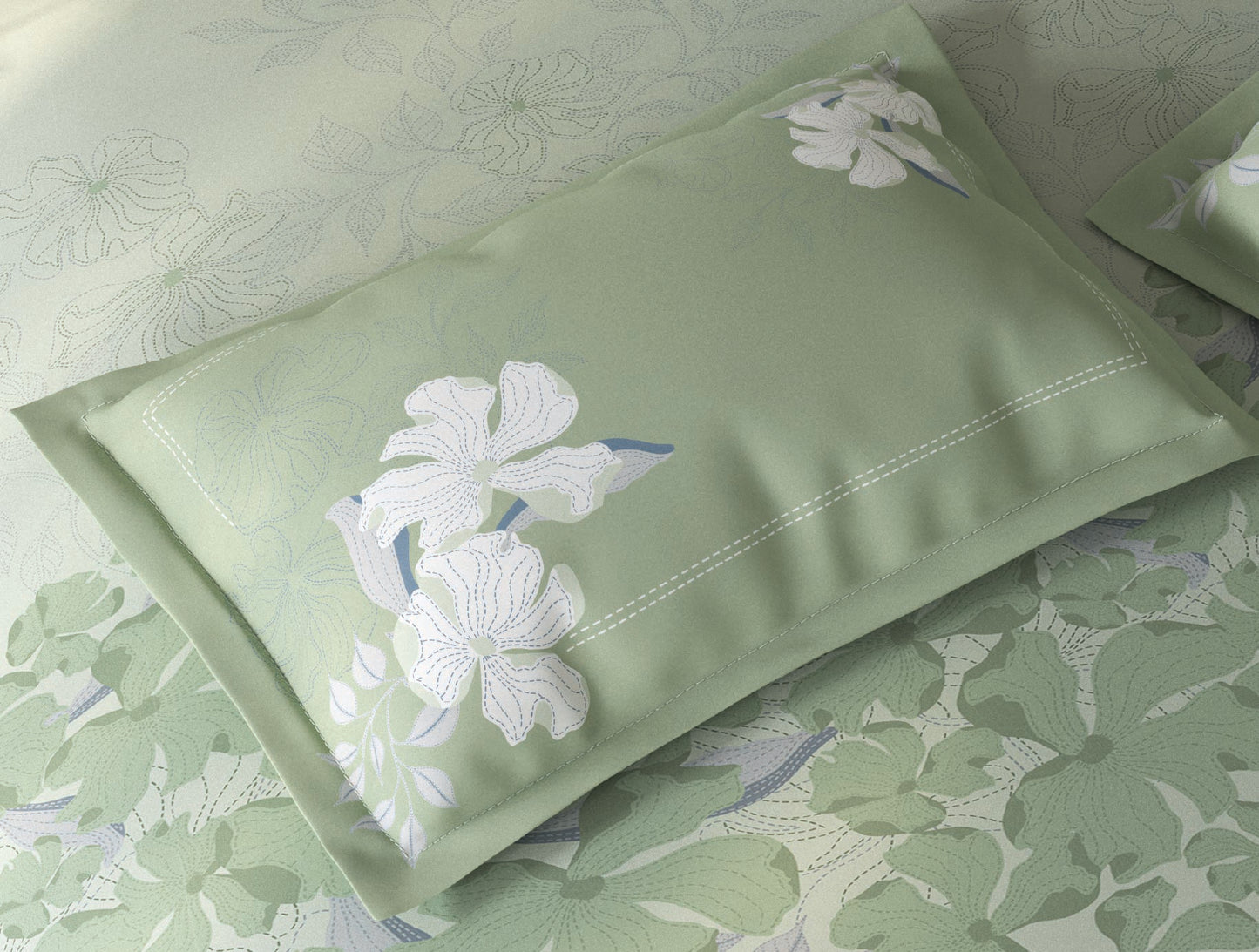 Spaces Fiora Light Aqua Floral 100% Cotton Single Bedsheet with 1 Pillow Covers - 59 x 89 Inches