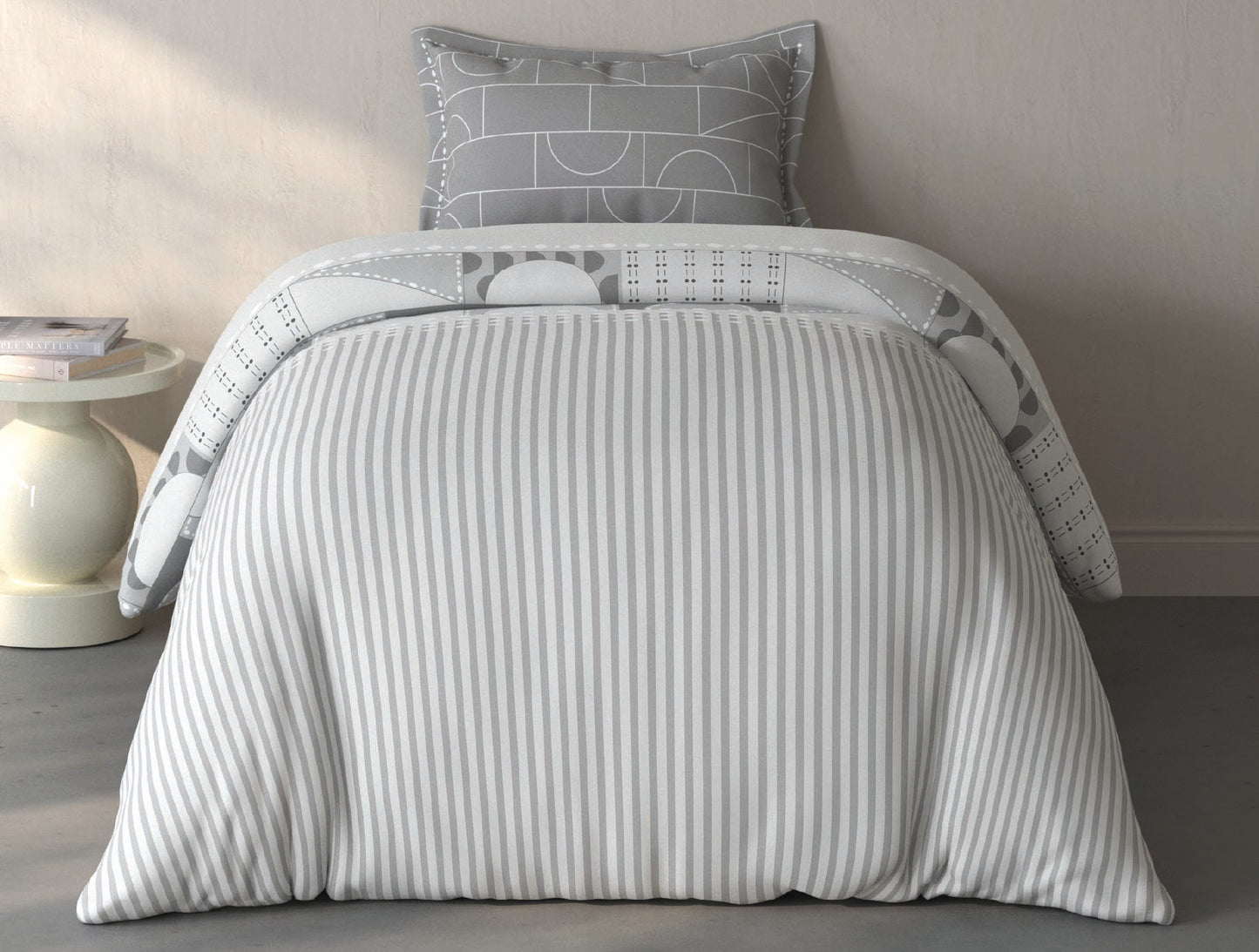Spaces Fiora Light Grey Geometric 100% Cotton Single Bedsheet with 1 Pillow Covers - 59 x 89 Inches