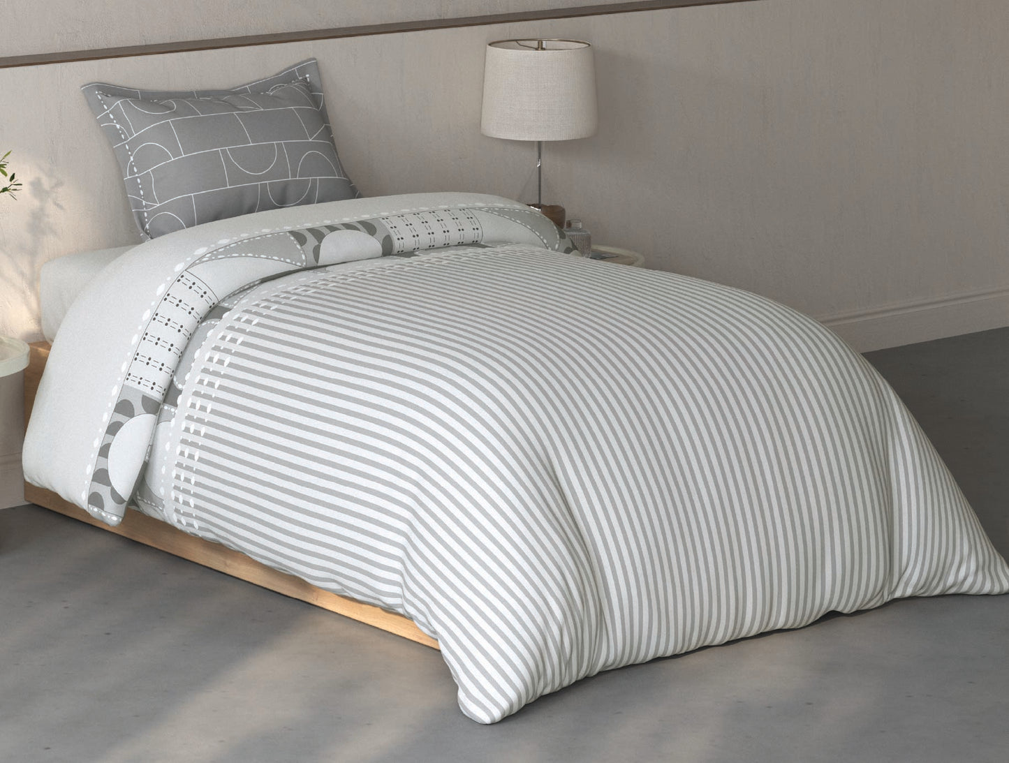 Spaces Fiora Light Grey Geometric 100% Cotton Single Bedsheet with 1 Pillow Covers - 59 x 89 Inches